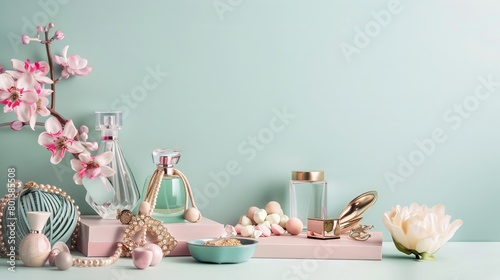Luxury Perfume Bottles, Jewelry, and Pink Flowers Styled on Pastel Background for Feminine Beauty, Fashion, and Lifestyle Decor