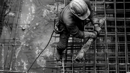 Black and white image of a construction worker wielding a large hammer on a rebar structure. photo