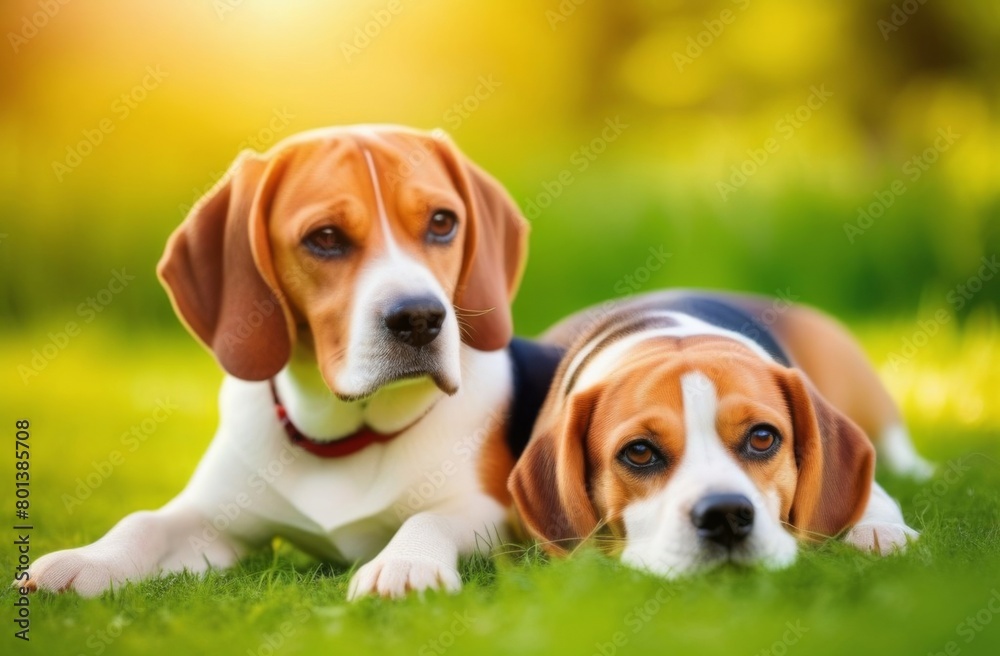 Two tricolor beagle dogs resting on the grass in the park on a sunny warm day Two tricolor beagle dogs resting on the grass in the park on a sunny warm day