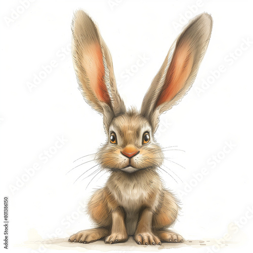 Drawing of a Long-Eared Rabbit on a White Background, Featuring Detailed Line Art that Captures the Delicate Features and Expressive Eyes of the Animal. Ideal for Children's Book Illustrations  © AIRina