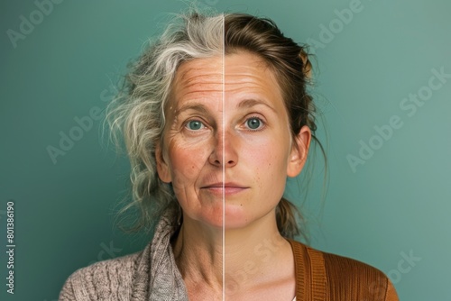 Depicting aging in two stages: beauty regimen divides facial effects with skin bleaching and lifting for aging representation.
