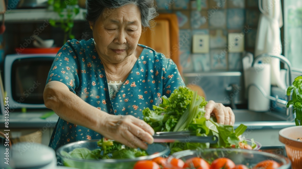 Elderly Asian woman preparing a healthy salad with fresh vegetables in her kitchen.