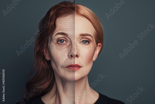 Aging beauty regimen impacts facial skin, dividing effects with bleaching and lifting, showing split representation in two stages.