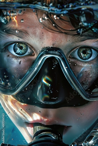 Close-up of a teenage scuba diver's face under water. Submerged in wonder, beneath the surface.