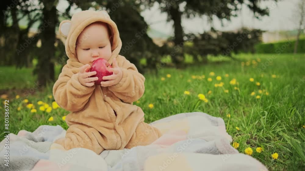 Cute baby girl in plush suit with red apple in hands sitting on blanket in green grass.