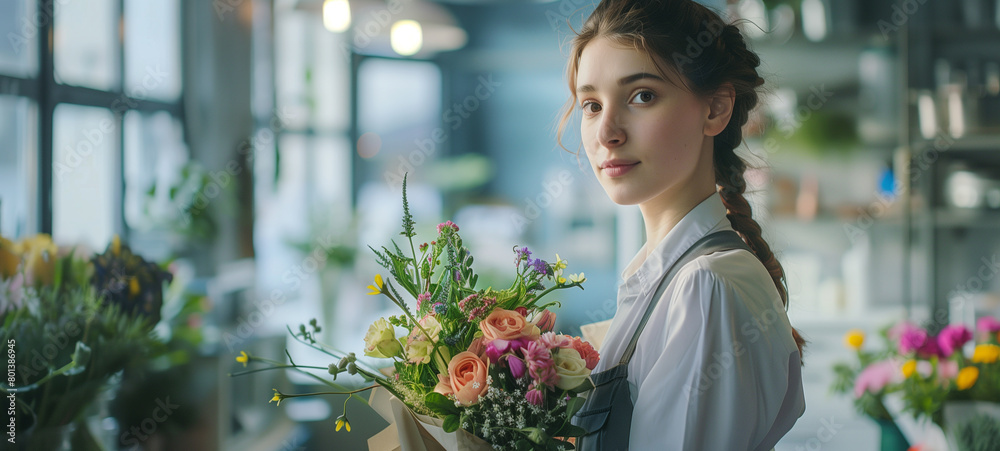 A young woman in an apron stands with flowers at the flower shop