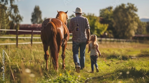 A man and a young girl walk with a horse in a sunny pasture, depicting a serene rural lifestyle.