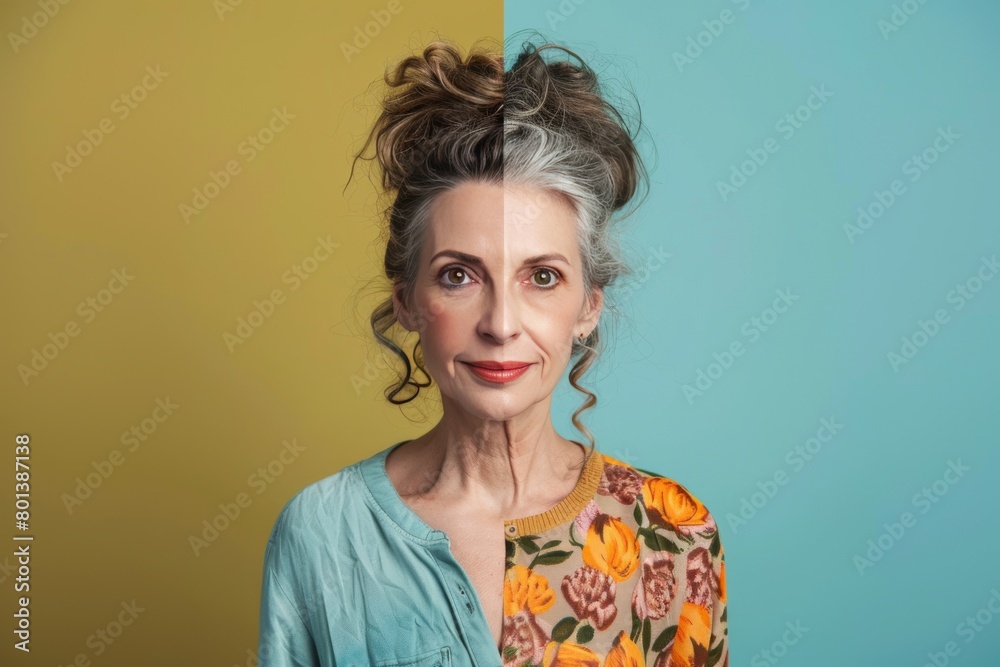 Visual age comparison and facial age contrast depict Babyboomer aging stages using skin split techniques and dye hair care. Visual age comparison and facial age contrast depict Babyboomer aging stages using skin split techniques and dye hair care.