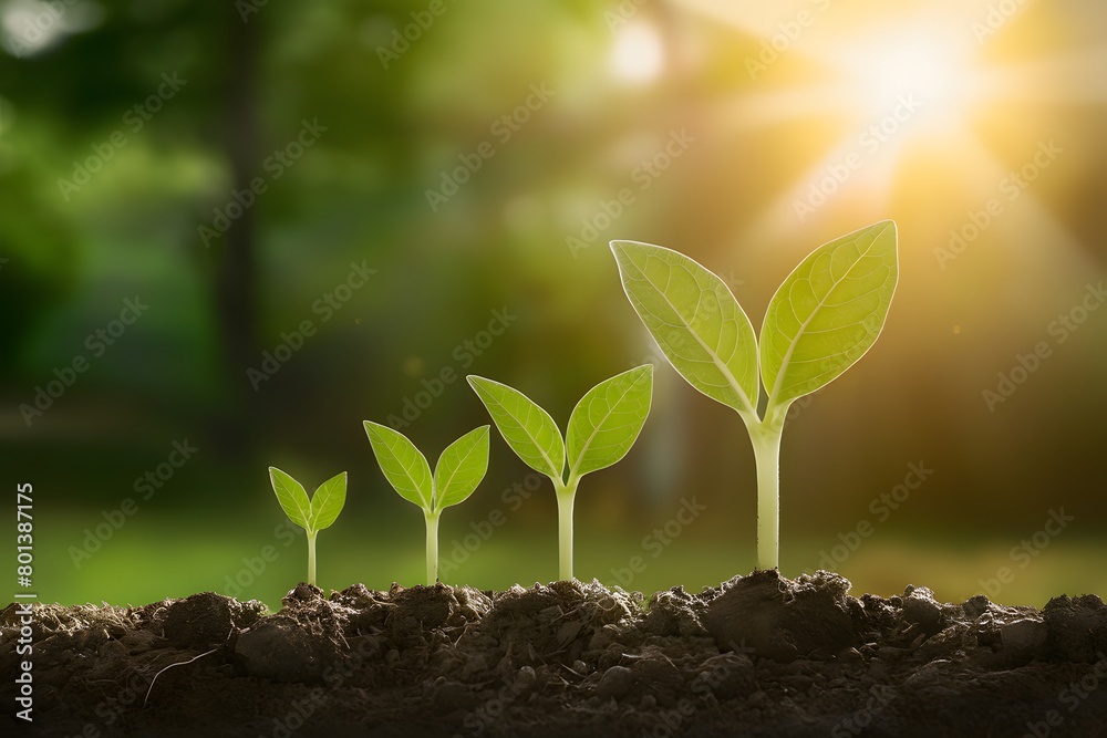Four young plants grow in a row, each taller than the last, vibrant and ...