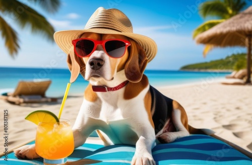 Cute beagle with a cocktail resting on a sun lounger wearing a Panama hat and sunglasses on the beach © Olga