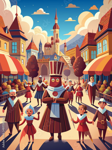Vibrant Medieval Festival Scene with Costumed Characters and Townspeople. World Chocolate Day World Chocolate Day