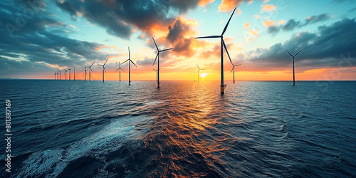 Wind turbine fleet offshore in a beautiful sunset on the sea