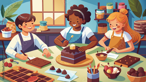 Kids Enjoying a Chocolate Cake Baking Class in a Cozy Kitchen. World Chocolate Day
