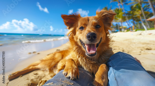 Dog playing and looking at owner face while lying on owner leg at sea beach with blue sea and sky background. © torjrtrx