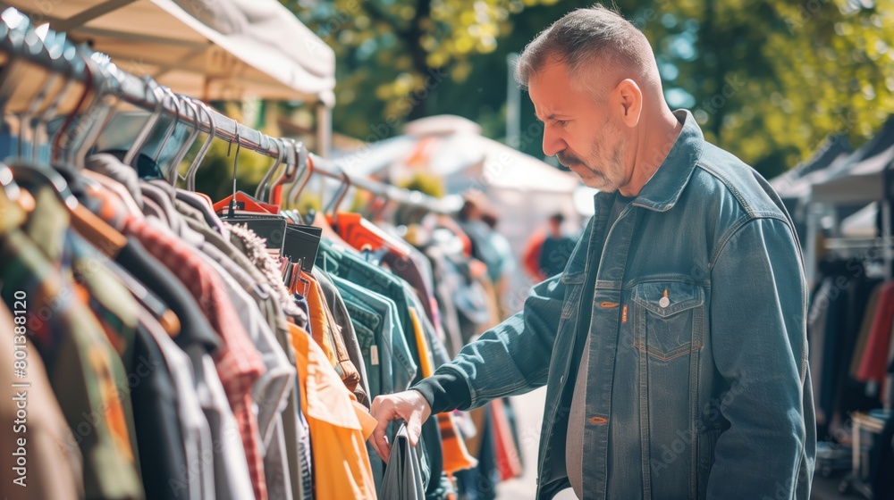 Mature man browsing clothes at an outdoor market stall on a sunny day. Mature man browsing clothes at an outdoor market stall on a sunny day.