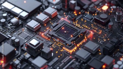 the integration of AI in embedded systems with a close-up image of a microcontroller board surrounded by various sensors and modules. photo