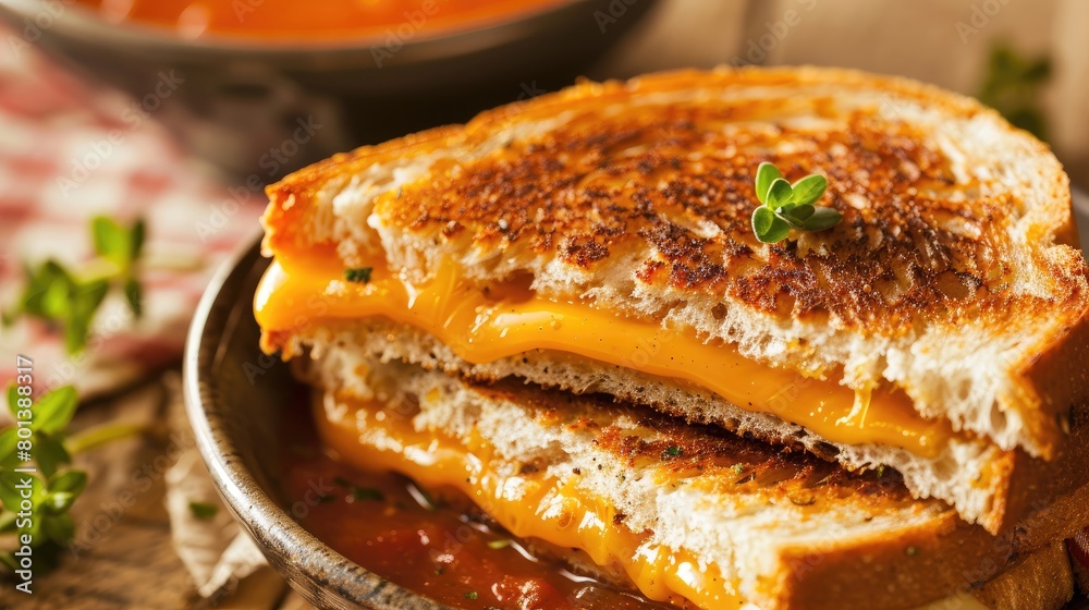 Homemade Grilled Cheese Sandwich with Tomato Sauce on a rustic background. Homemade Grilled Cheese Sandwich with Tomato Sauce on a rustic background.