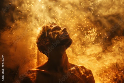 A man looking up at the sky  his face illuminated by rays of light that seem to dance around him in an ethereal display. The background is a blur of golden