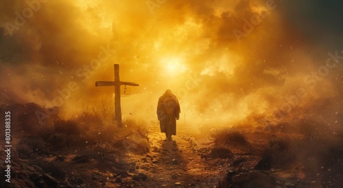 A man walking towards a cross in an arid desert landscape with dust and sun rays, symbolizing Jesus' way towards death on Easter morning,