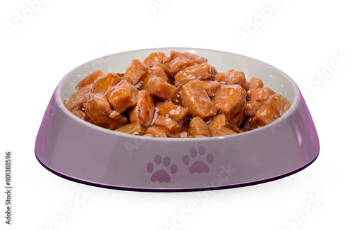 Pet bowl with wet food isolated on transparent background.