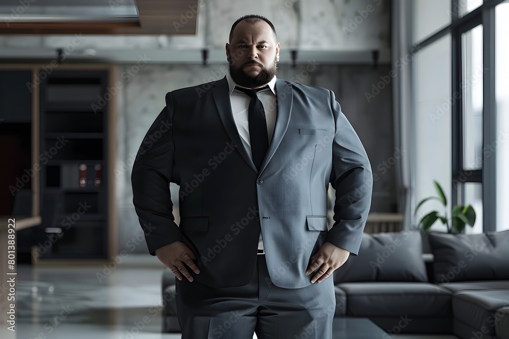 Confident and Poised Business Professional in Tailored Suit Standing in Sleek Modern Office Setting