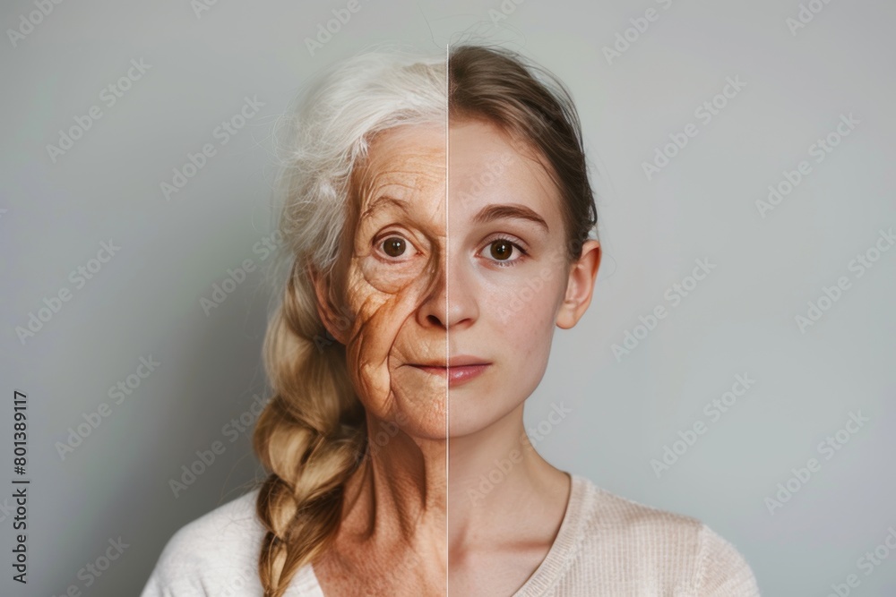 Fototapeta premium Babyboomer skin reveals aging secrets: facial age contrasts and worry line care with hair color techniques in split care regimens.