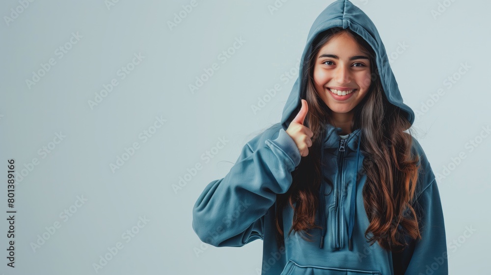 Cheerful young woman in a blue hoodie giving a thumbs up, with a bright smile on a light blue background. Cheerful young woman in a blue hoodie giving a thumbs up, with a bright smile on a light blue background.