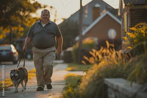 Portly Middle Aged Man Strolling with His Canine Companion in Suburban Neighborhood photo