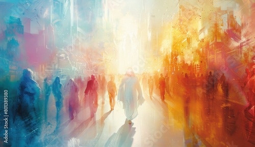 abstract art, Jesus walking with white robes in the center of an abstract cityscape with tall buildings, a large group of people following him on either side of his path, a bright light