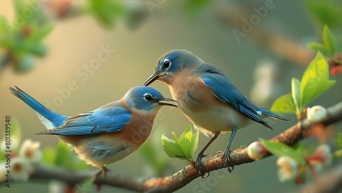 Male eastern bluebird feeds mate during spring courting ritual . Concept Bird behavior, Eastern bluebirds, Spring courtship, Wildlife photography, Avian feeding