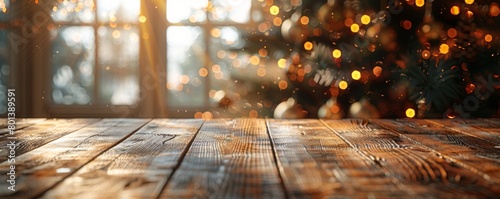 an empty wooden table in a setting with a christmas tree, in the style of light white and light brown, multilayered texture, bokeh, light orange and light gray, organic, cinestill 50d, contest winner  photo