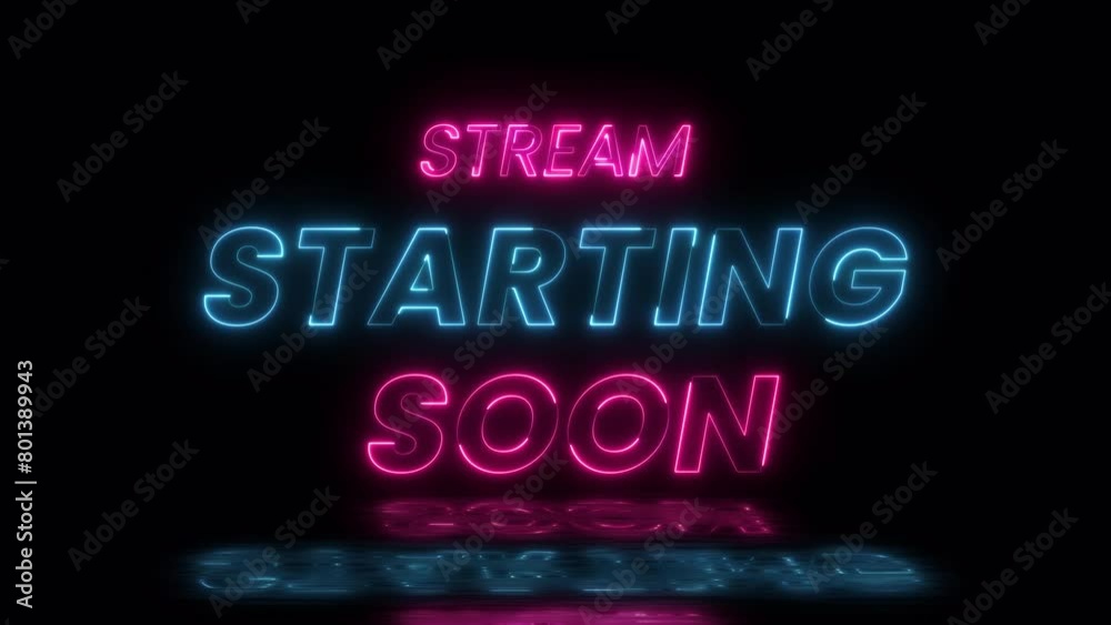 Stream starting soon neon text animation suitable for video live streaming. Animated neon starting soon text on a transparent background, advertising next business concept. Looped Glowing Light 4K.