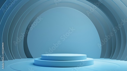 Abstract blue background with round podium. © tnihousestudio
