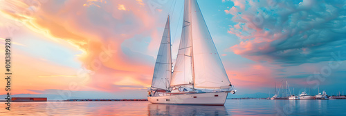 Contemplating on a Luxury Sailboat Purchase Under the Vibrant Sunset Sky at Serene Seaside Marina photo