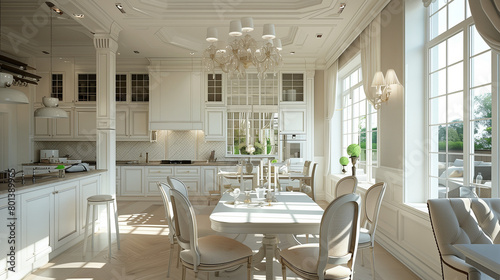 interior of restaurant. Seamless Elegance  Luxurious White Kitchen  Dining Room  and Living Room in One Space