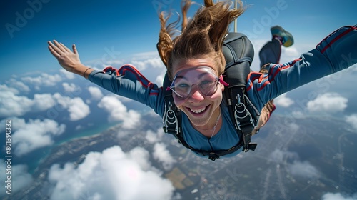 Skydiving Thrill Captured in Cinematic Action Shot of Young Woman Soaring Through the Clouds