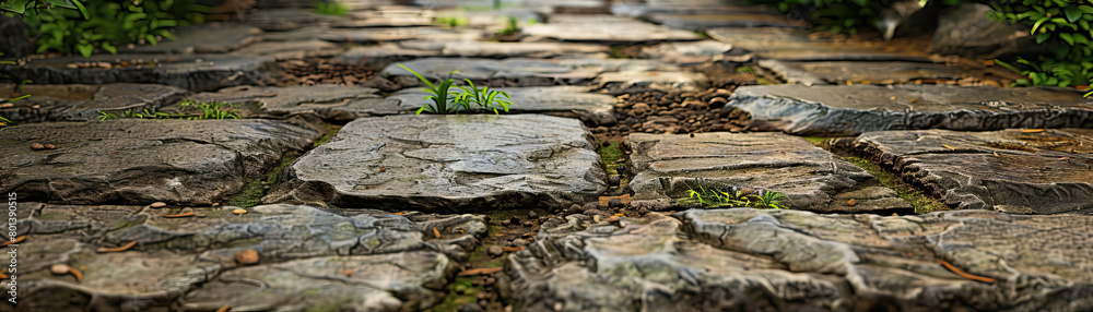 Weathered Stone Pathway: Close-Up of Textured Stone Pathway with Natural Elements Weathered Stone Pathway: Close-Up of Textured Stone Pathway with Natural Elements