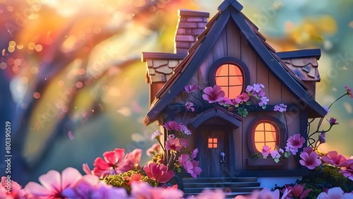 Symbolizing Sustainable Architecture and Green Living: Miniature Wooden House with Flowers. Concept Green Living, Sustainable Architecture, Miniature House, Flowers, Symbolism #801390519