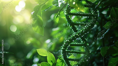A beautiful conceptual image of a sparkling green DNA strand intertwined with fresh  dew-kissed leaves in sunlight.