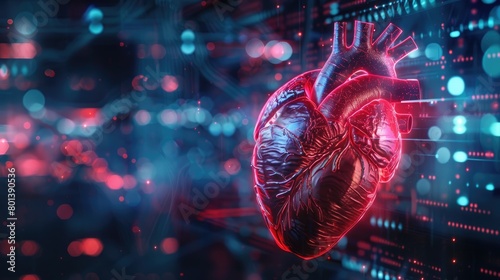 An artistic visualization of a human heart with cybernetic enhancements, displayed against a vibrant digital data backdrop.