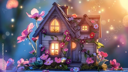 Wallpaper Mural Miniature wooden house with flowers symbolizing sustainable architecture and green living . Concept Sustainable Architecture, Green Living, Miniature House, Wooden Decor, Flower Arrangement Torontodigital.ca