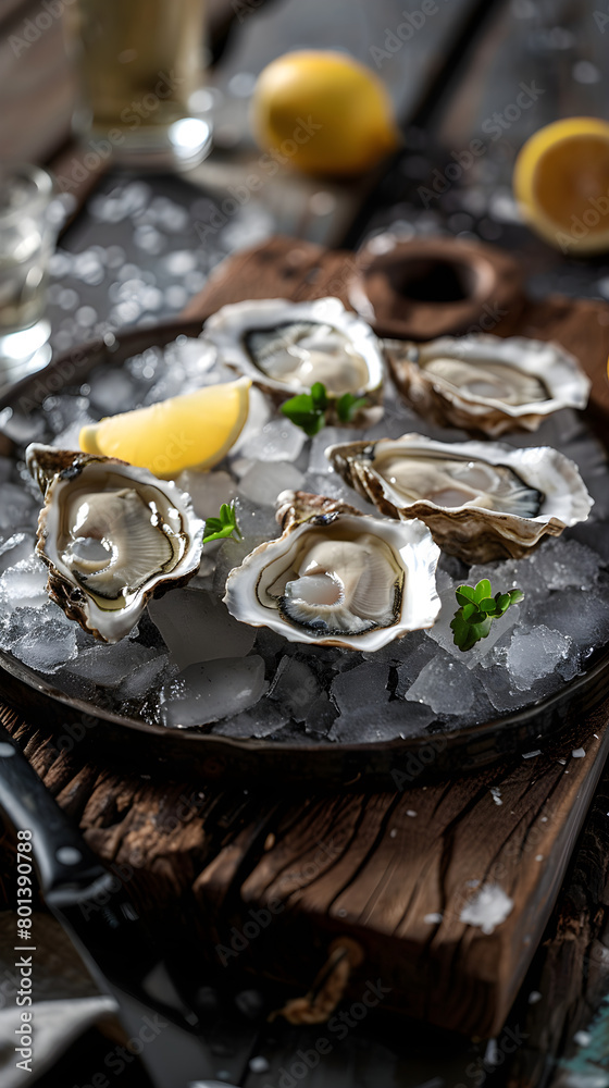 Elegant Presentation of Fresh Oysters Served with Lemon: Authentic Shellfish Cuisine