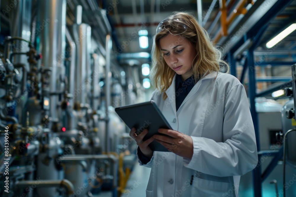 Female scientist in white coat using tablet to inspect production line at factory, working on digital manufacturing process control system for quality production and business growth, standing Female scientist in white coat using tablet to inspect production line at factory, working on digital manufacturing process control system for quality production and business growth, standing