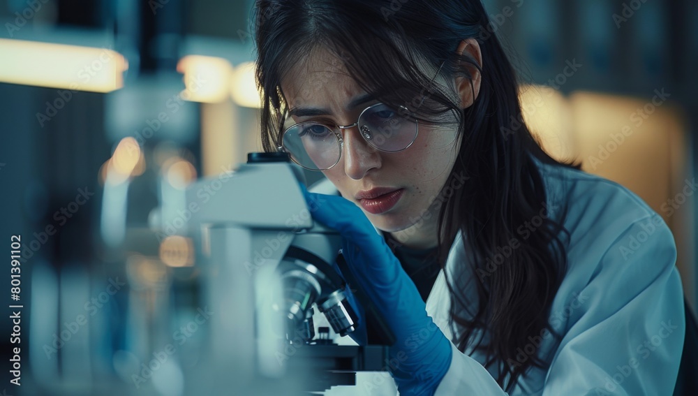 Female scientist working in the lab using a microscope. Female scientist working in the lab using a microscope.
