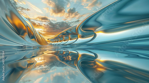 A depiction of an azure wave with a golden undertone, gliding elegantly in an abstract pattern. The wave's surface mirrors a serene sky, enhancing the tranquil ambiance of the composition. photo
