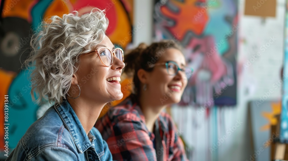 Obraz premium Two smiling women, one with curly gray hair, in glasses, looking up in a colorful art studio.