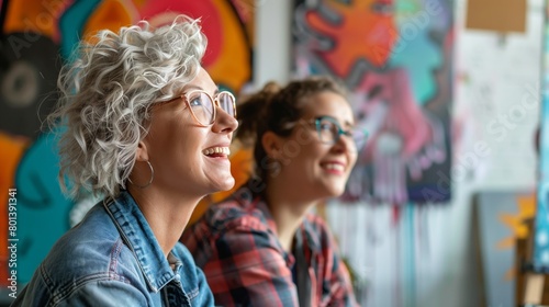 Two smiling women, one with curly gray hair, in glasses, looking up in a colorful art studio.