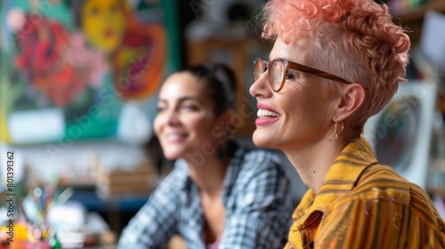 Wallpaper Mural Two smiling women, one with pink hair, in a vibrant art studio filled with colorful paintings. Torontodigital.ca
