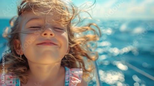 A blond little girl with surfer hair is happily smiling with her eyes closed in front of the ocean, enjoying a leisure travel under the cloudy sky AIG50