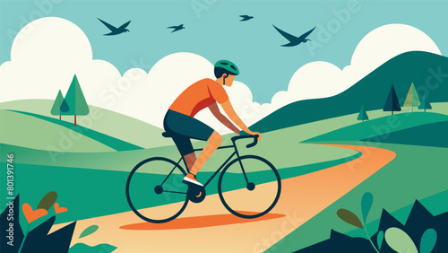 With only the sound of birds chirping and the quiet hum of their bike a cyclist enjoys a solo ride through the countryside using the repetitive.